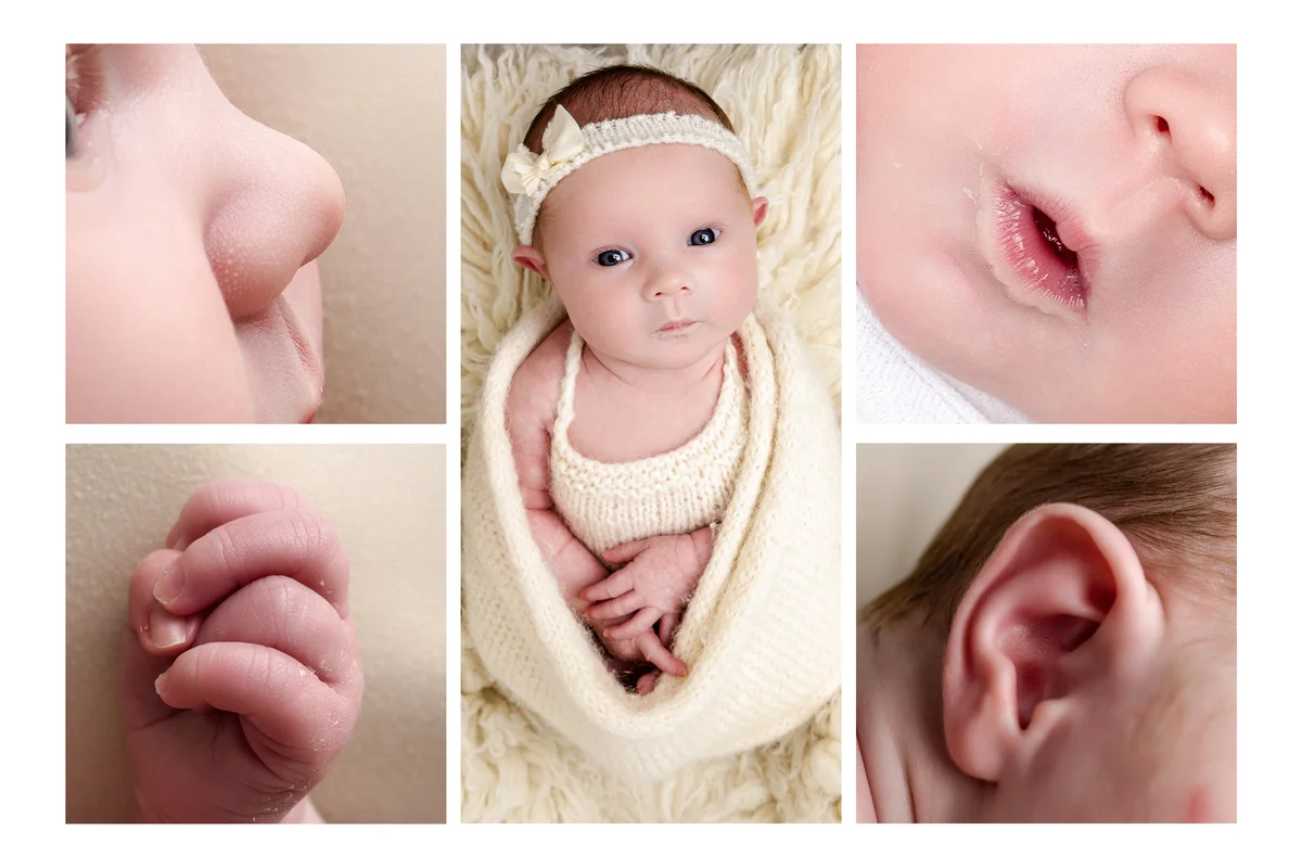 Baby detail photography collage - hands lips feet newborn